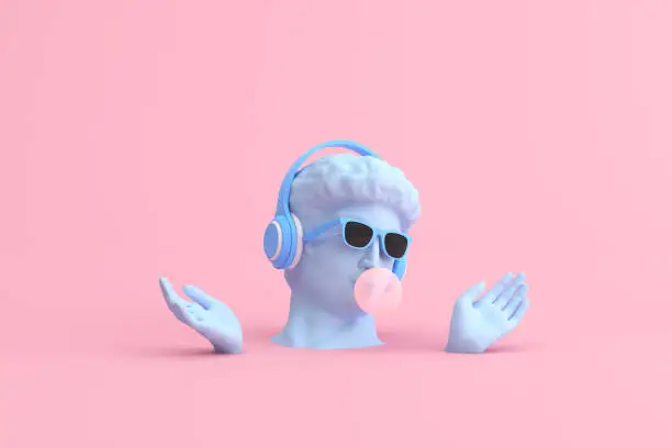 Photo of Minimal scene of sunglasses and headphone on human head sculpture, Music concept, 3d rendering.