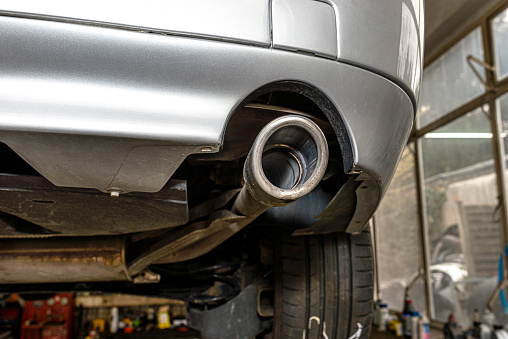 Close-up of the muffler of a sports car