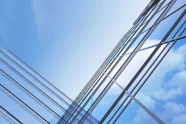 istock Low angle view of futuristic architecture, Skyscraper office building with cloud reflected on window, 3D rendering. 1328826385