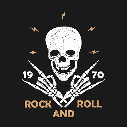 Rock-n-Roll music grunge typography for t-shirt. Clothes design with skeleton hands and skull. Graphics for clothes, print, apparel. Vector illustration.