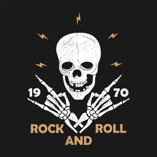 Rock-n-Roll music grunge typography for t-shirt. Clothes design with skeleton hands and skull. Graphics for clothes, print, apparel. Vector Rock-n-Roll music grunge typography for t-shirt. Clothes design with skeleton hands and skull. Graphics for clothes, print, apparel. Vector illustration. punk rock stock illustrations