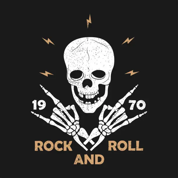 Vector illustration of Rock-n-Roll music grunge typography for t-shirt. Clothes design with skeleton hands and skull. Graphics for clothes, print, apparel. Vector