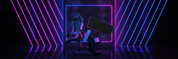 professional gamers, game chair . concept cyber sport arena. 3d rendering - gaming equipment imagens e fotografias de stock