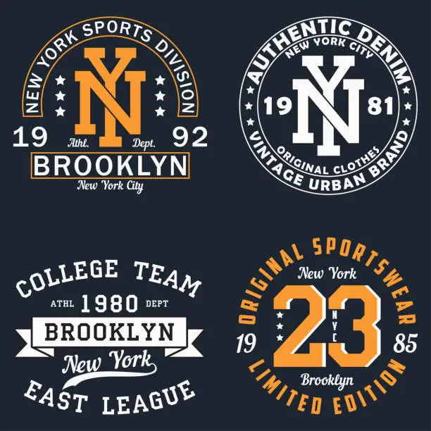 Vector illustration of Set of New York graphic for t-shirt. Original clothes design. Vintage typography print for apparel. Vector