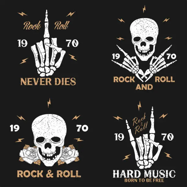Vector illustration of Rock music grunge print for apparel with skeleton hand, skull and rose. Vintage rock-n-roll t-shirt graphics set. Design for typography clothes emblem collection. Vector