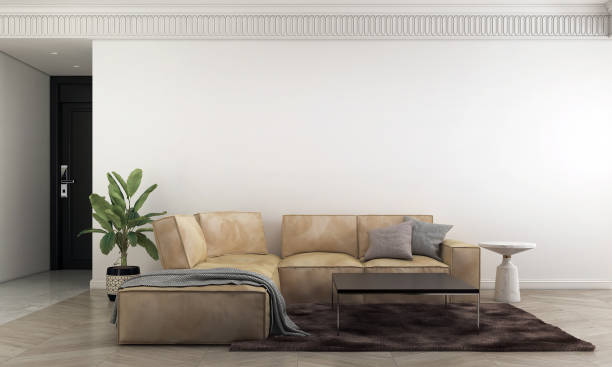 istock Minimal living room interior and leather sofa and white empty wall texture background 1328828691