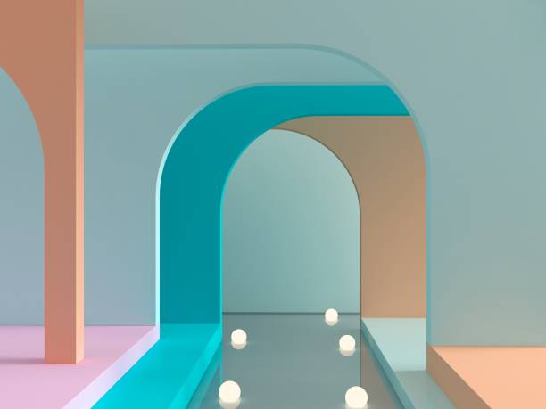 istock 3d render. Abstract cosmetic background. Show a product. Empty scene with arches, water and spherical lights  in the floor. 1328828697