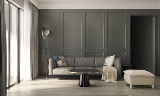 istock Modern living room interior and leather sofa and grey pattern wall texture background 1328828745