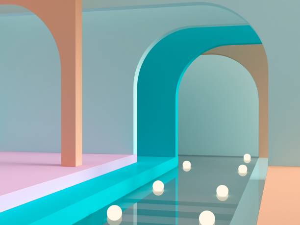 istock 3d render. Abstract cosmetic background. Show a product. Empty scene with arches, water and spherical lights  in the floor. 1328828748