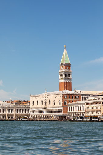venice, Italy - July 1, 2021: view to San Marco square with facade of the Doge's palace and the promenade in Venice, Italy.