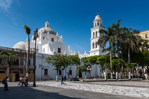 Veracruz, Mexico - May 19, 2014: View of the Main Plaza (Zocalo) of the city of Veracruz, with the Veracruz Cathedral, in Mexico.
