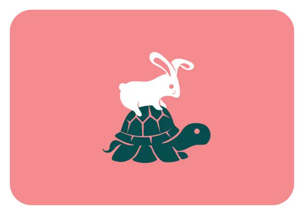 Vector illustration of rabbit sitting on tortoise symbol