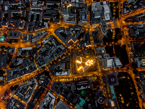 Aerial Overhead View of Frankfurt am Main, Germany Skyline at Night with glowing Streets HQ