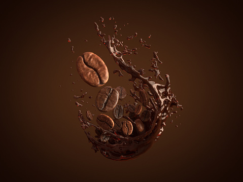 Arabica and Robusta coffee bean on splash coffee. 3D rendering.