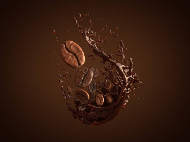 Arabica and Robusta coffee bean on splash coffee. Arabica and Robusta coffee bean on splash coffee. 3D rendering. coffee crop stock pictures, royalty-free photos & images