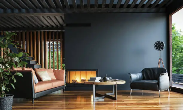 Photo of Modern dark home interior background, wall mock up