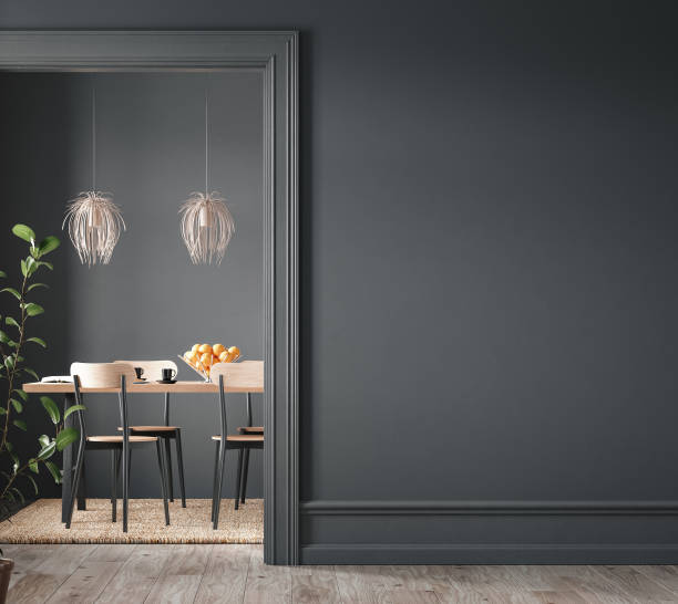 Home interior, modern dark dining room interior, black empty wall mock up