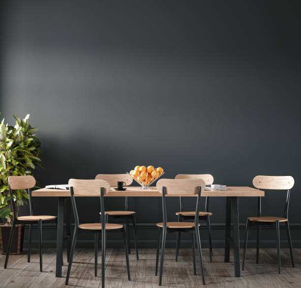 istock Home interior, modern dark dining room interior, black empty wall mock up 1328838426
