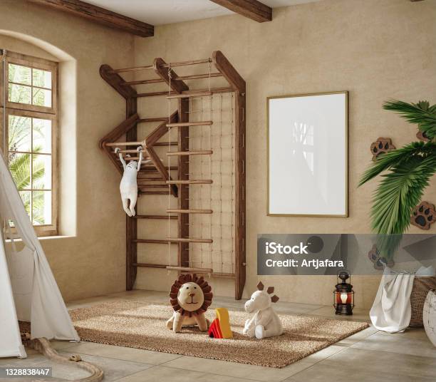 Poster Mockup In Children Room Interior Background Stock Photo - Download Image Now - Bedroom, Tropical Climate, Crib