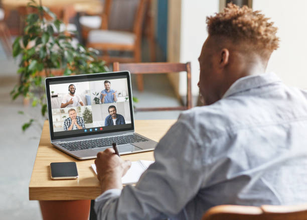 istock Coworking place, online communication remote, modern devices for remote meeting 1328839950