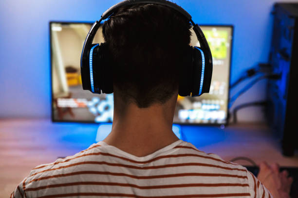 Back view of young gamer playing video games on computer