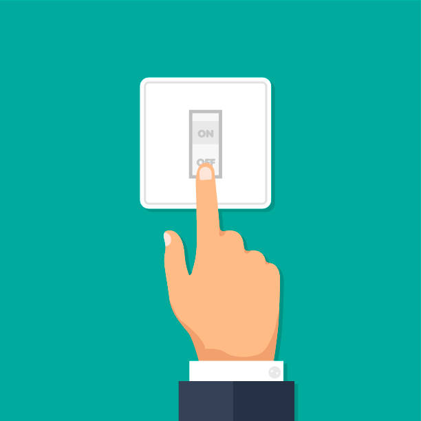 stockillustraties, clipart, cartoons en iconen met hand with forefinger pushing switch. - in en uitschakelen