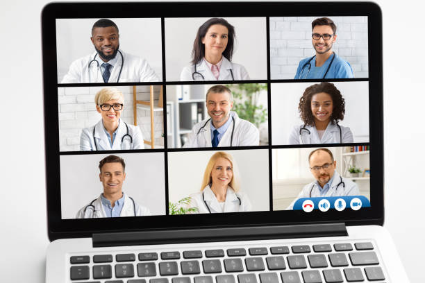 istock Laptop With Group Video Call Of Diverse Doctors, White Background 1328843343