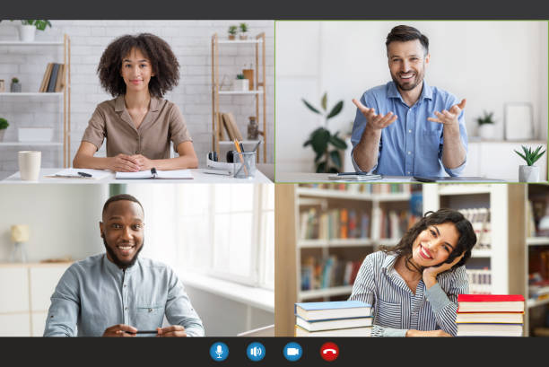 istock Study remotely with teacher or tutor, work conference and business meeting online 1328843679