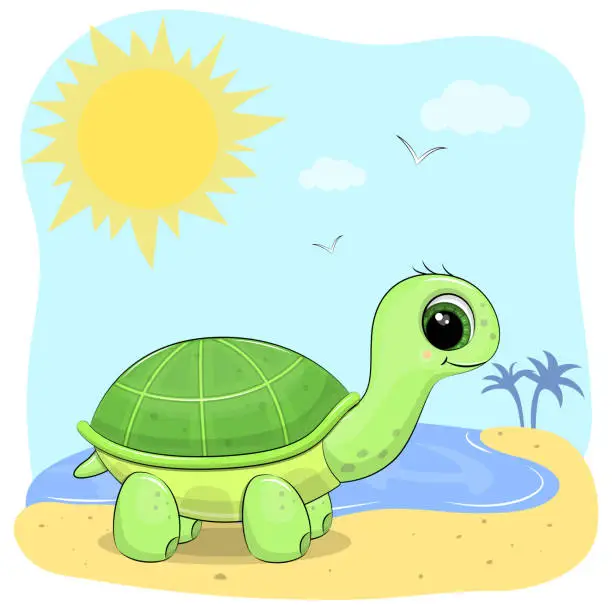 Vector illustration of Cute cartoon green turtle on the beach.