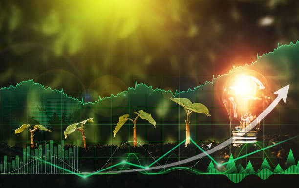 istock Lightbulb is located on the soil, and plant are growing with digital growth graph.  Alternative sources of energy. Green energy, eco energy concept.Renewable energy generation is essential. 1328845165