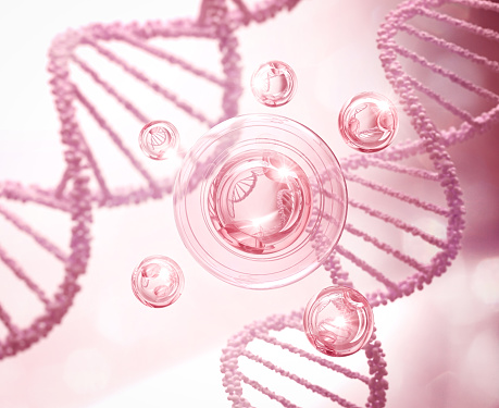 Pink Collagen Serum bubble on Dna Background, cosmetic advertising 3d rendering.
