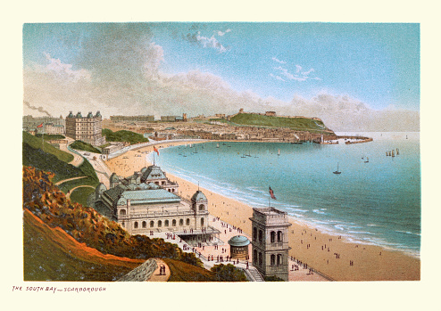 Vintage illustration of South Bay, Scarborough, North Yorkshire, Beach, Castle, Hotel, Victorian holiday resort 19th Century. A town on the North Sea coast of North Yorkshire, England