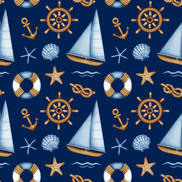 istock Watercolor Nautical equipment, Travel, marine seamless pattern. Sea Life, Ship navigation. Sailboat, lifebuoy, steering wheel, anchor, rope knot. Hand drawn background for nursery design 1328850790