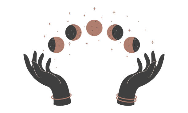 ilustraciones, imágenes clip art, dibujos animados e iconos de stock de alquimia esotérica mística magia celestial talismán celeste con manos de mujer y fases lunares. objeto de ocultismo espiritual. ilustración vectorial - occultism