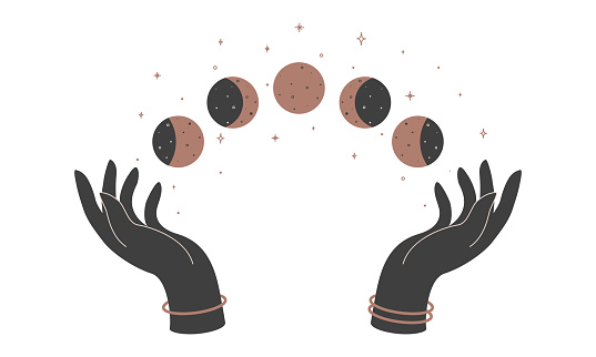Alchemy esoteric mystical magic celestial talisman with woman hands and moon phases. Spiritual occultism object. Vector illustration.