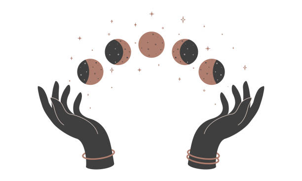 Alchemy esoteric mystical magic celestial talisman with woman hands and moon phases. Spiritual occultism object. Vector illustration Alchemy esoteric mystical magic celestial talisman with woman hands and moon phases. Spiritual occultism object. Vector illustration. tarot cards illustrations stock illustrations