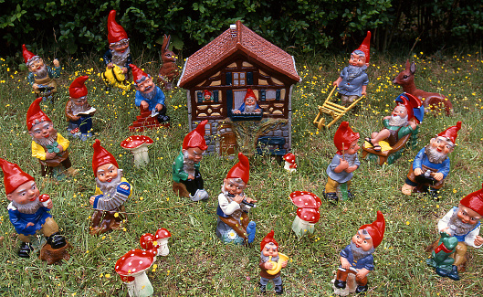 Several garden gnome in a meadow