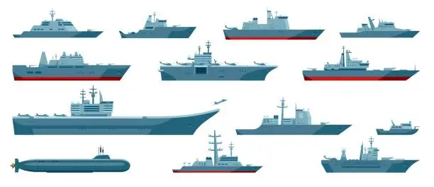 Vector illustration of Military boats. Aircraft carrier, warship, navy frigate, battleship, submarine, war vessel. Naval combat ships or frigates vector set