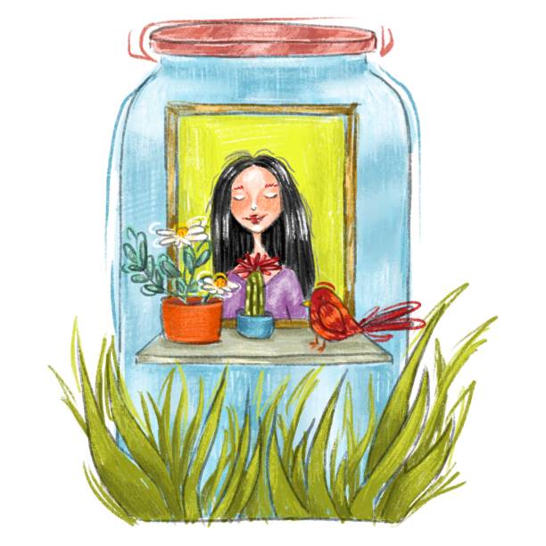illustrations, cliparts, dessins animés et icônes de la fille regardant à l’extérieur depuis la fenêtre du pot avec des fleurs et un oiseau rouge - bâtiment vu de lextérieur illustrations