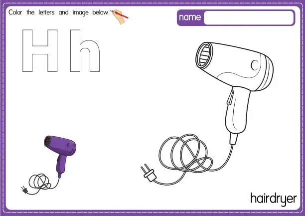 Vector illustration of Vector illustration of kids alphabet coloring book page with outlined clip art to color. Letter H for Hairdryer.