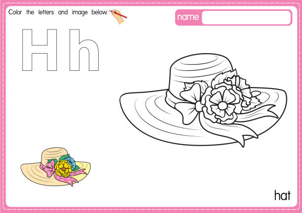 ilustracja wektorowa kolorowanki alfabetu dla dzieci z zarysem obiektu clipart do pokolorowania. litera h dla kapelusza. - strona książki do kolorowania technika ilustracji stock illustrations