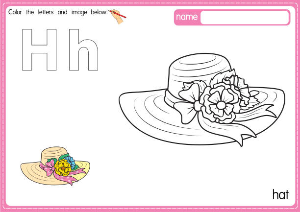 векторная иллюстрация детской раскраски алфавита с очерченным картинками в цвет. буква h для шляпы. - letter h alphabet education learning stock illustrations