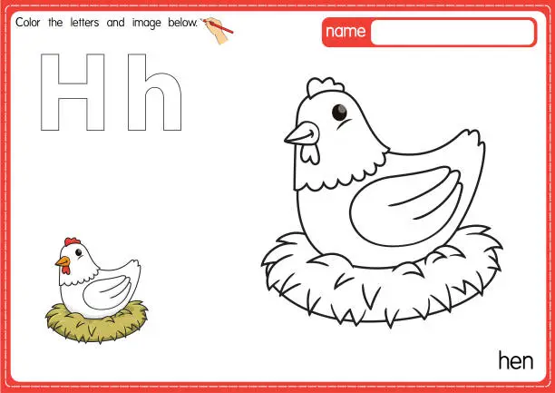 Vector illustration of Vector illustration of kids alphabet coloring book page with outlined clip art to color. Letter H for Hen.