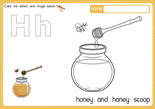 Vector illustration of Vector illustration of kids alphabet coloring book page with outlined clip art to color. Letter H for Honey and honey scoop.