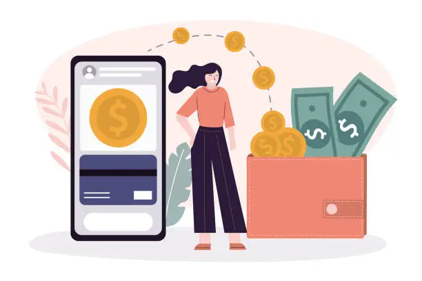 Vector illustration of Woman send and receive money. Girl withdraw cash. Application for online transactions on smartphone screen. Wallet with cash