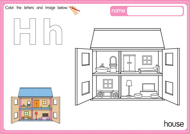 векторная иллюстрация детской раскраски алфавита с очерченным картинками в цвет. буква h для дома. - letter h alphabet education learning stock illustrations