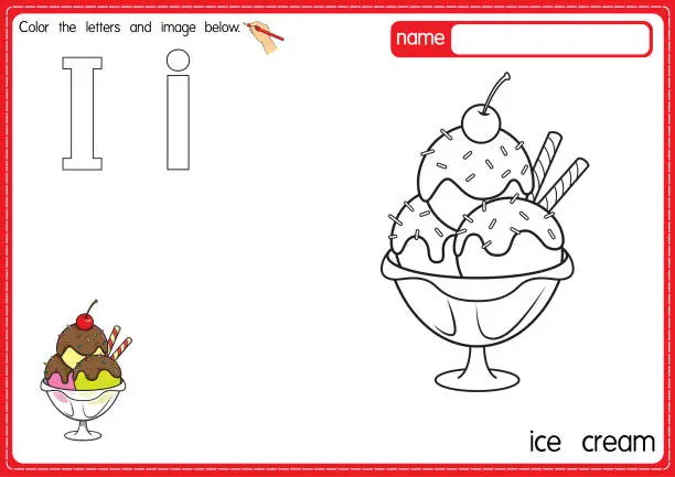 Vector illustration of Vector illustration of kids alphabet coloring book page with outlined clip art to color. Letter I for Ice cream.