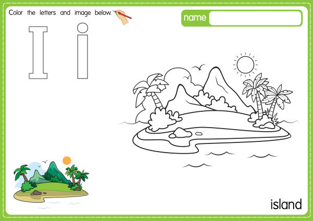 ilustrações, clipart, desenhos animados e ícones de ilustração vetorial de crianças alfabeto página de livro de colorir com delineado clip art para colorir. carta i para island. - island education learning letter i