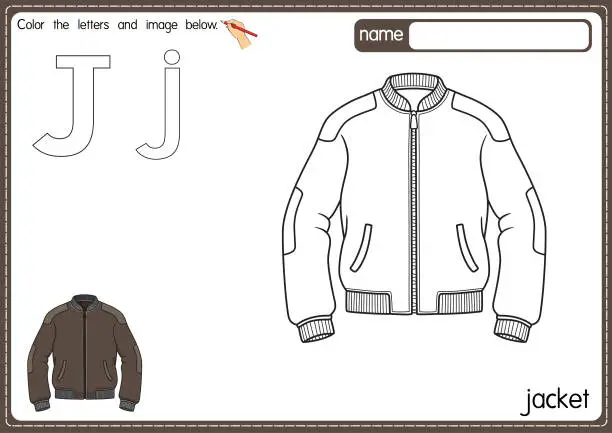 Vector illustration of Vector illustration of kids alphabet coloring book page with outlined clip art to color. Letter J for  Jacket.