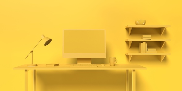 3D render of a home office desk in yellow monochrome color with coffee cup and desktop computer. Easy to crop for all social media, print and design needs.